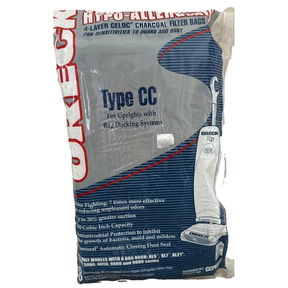 Oreck 6 Pack Type CC 4-Layer Celoc Charcoal Filter Vacuum Bags CCPK80F- Open Bag